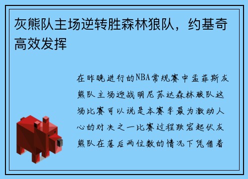 灰熊队主场逆转胜森林狼队，约基奇高效发挥